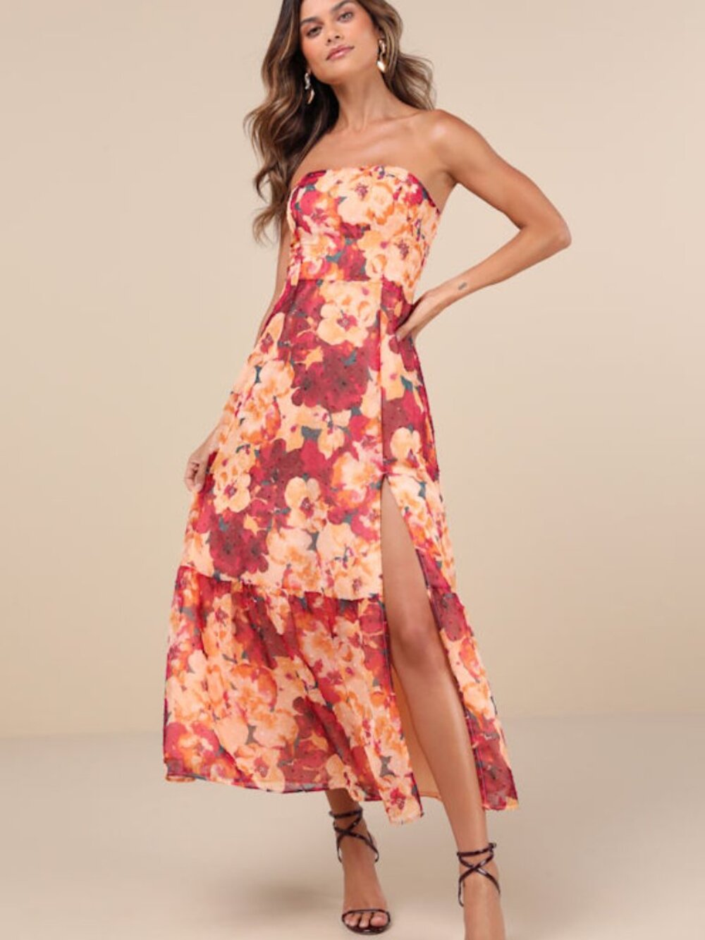 Lulus Bright Perspective Plum And Orange Floral Strapless Midi Dress - Size M